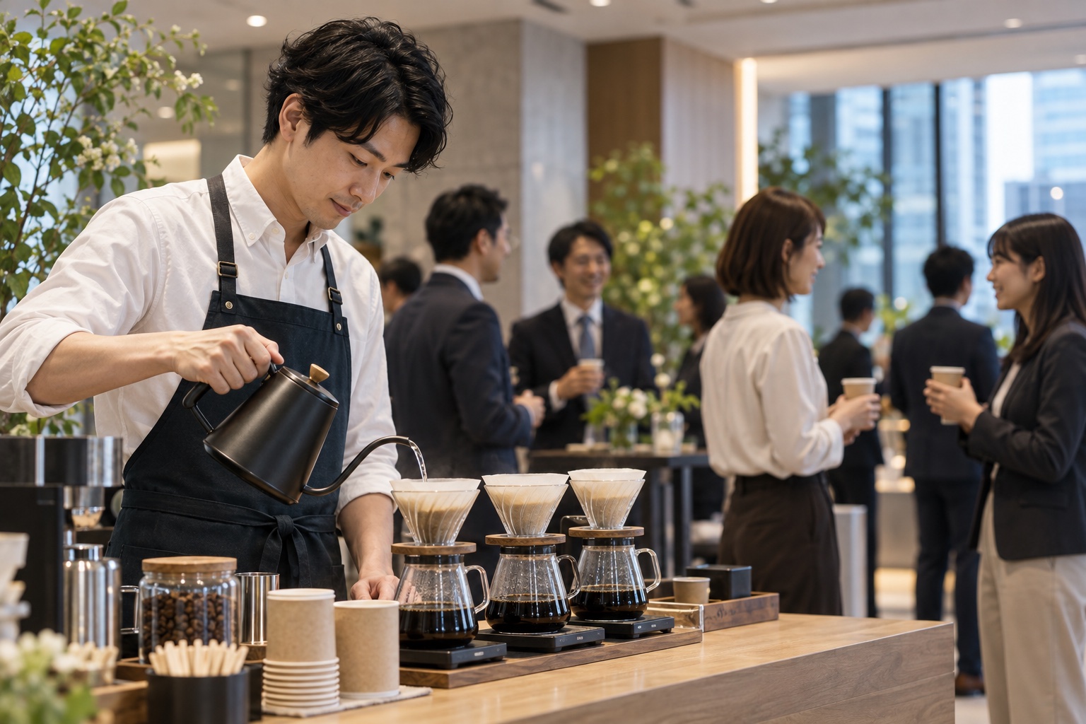 交流会でコーヒーをハンドドリップするバリスタ