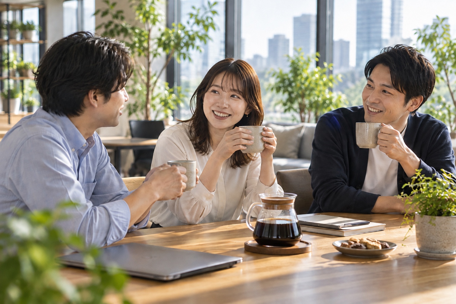 オフィスの休憩時間にコーヒーを楽しむ社員